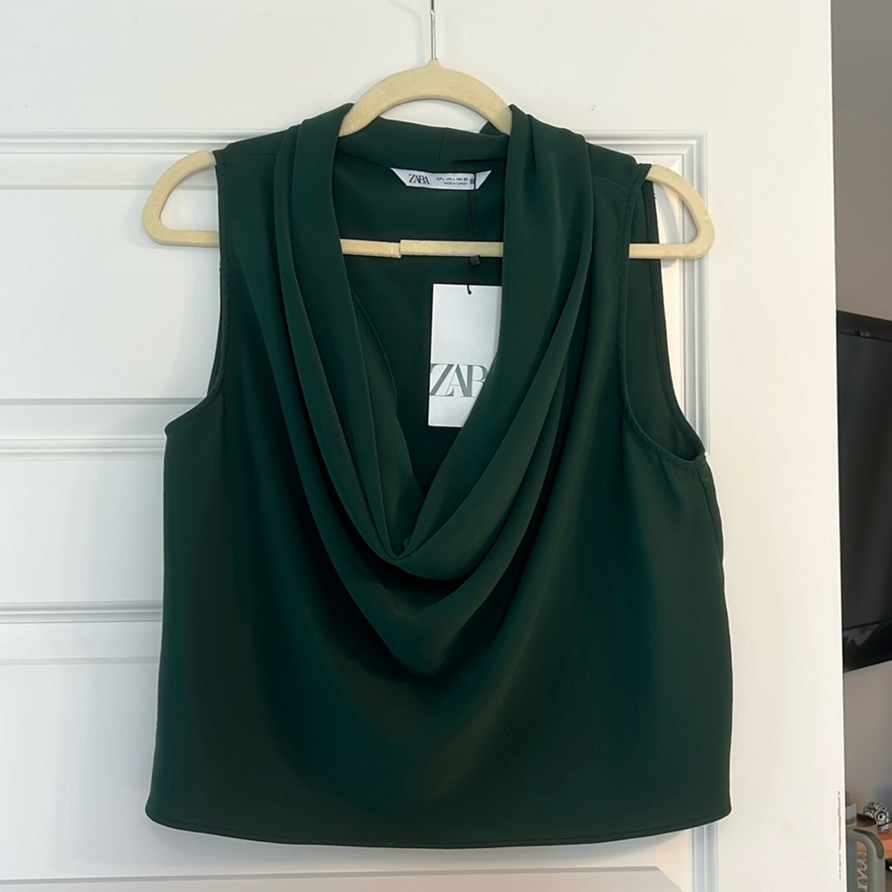 Hunter Green ZARA Cowl Neck Top - NWT